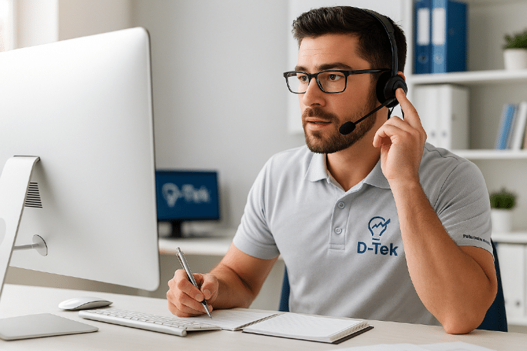 Técnico de soporte remoto ayudando a cliente empresarial por videollamada — servicio de soporte técnico D-TEK en Guayaquil