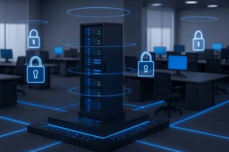 Servidor empresarial protegido con firewalls y cifrado de datos en oficina moderna — Ciberseguridad empresarial integral | D-TEK Guayaquil