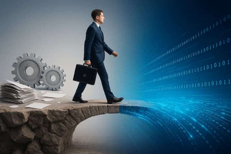 Empresario cruzando un puente digital que simboliza la transformación digital empresarial con D-TEK.